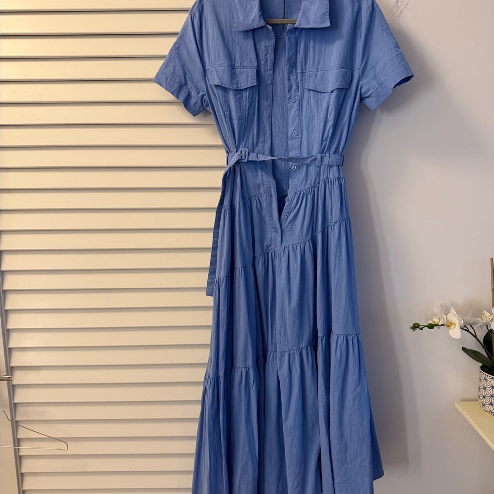 Zara Light Blue Short-Sleeve Tiered Maxi Shirt Dress